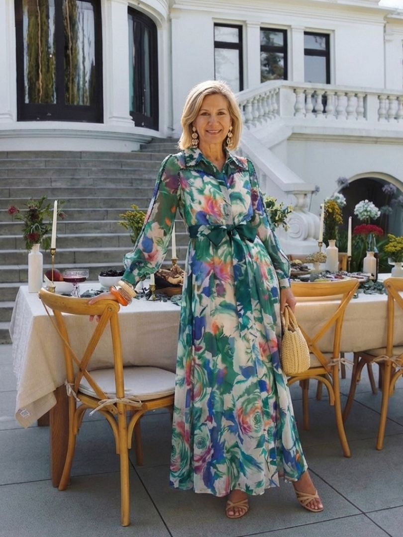 Carolina | Robe Maxi Imprimée à Manches Longues et Ceinture