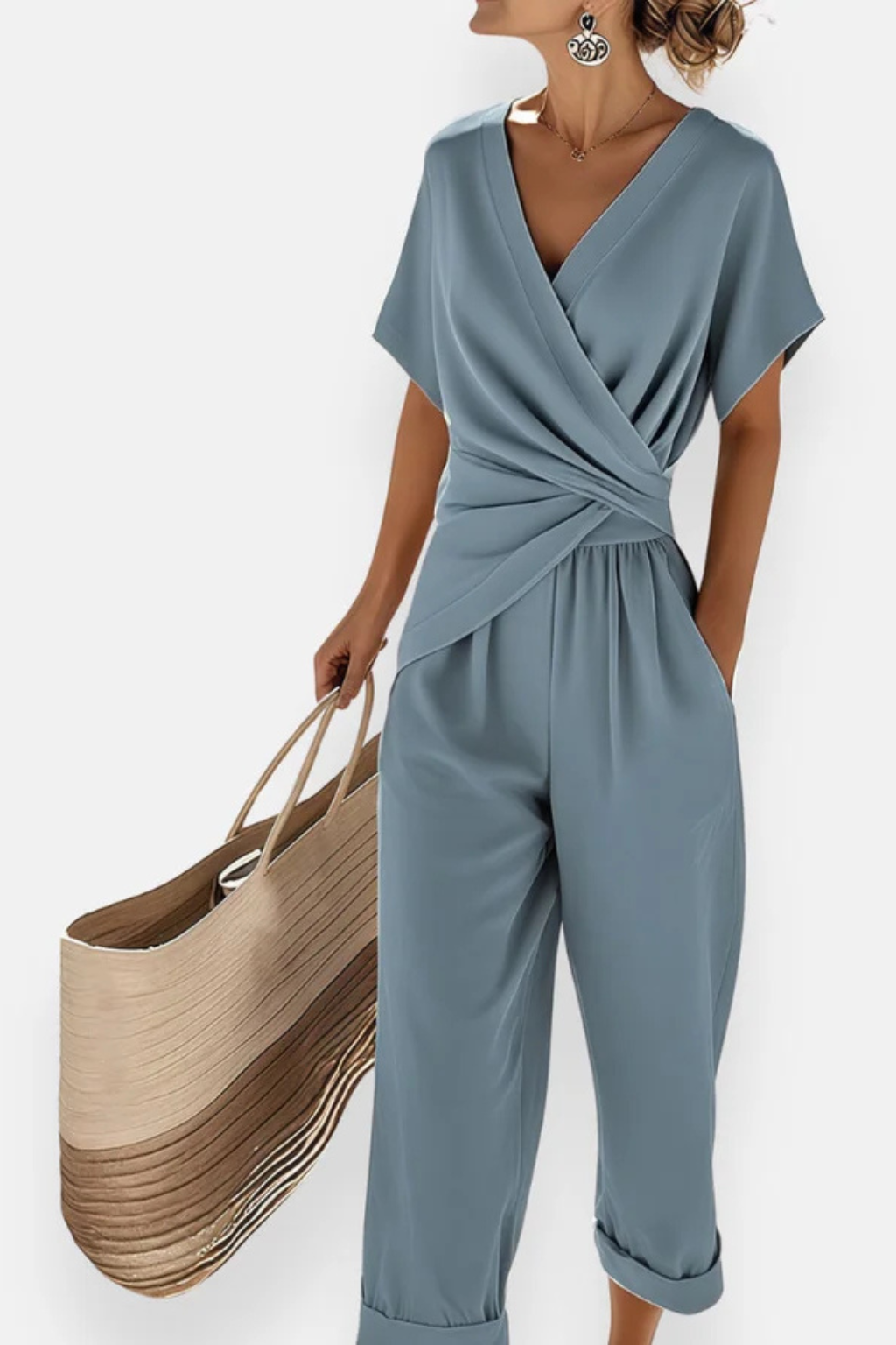 Combinaison Longue Femme avec Décolleté Croisé, Manches Courtes et Pantalon Cropped avec Poches