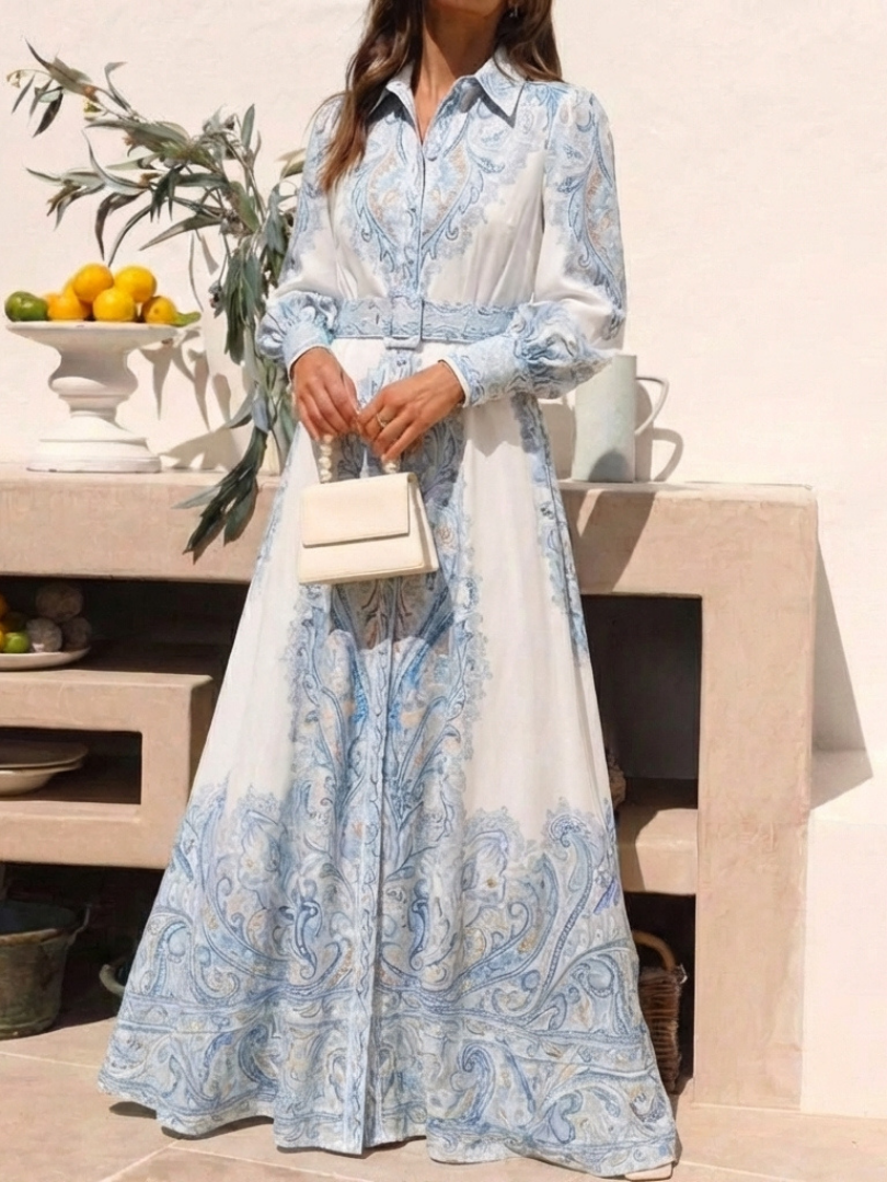 Sierra | Robe Maxi Imprimée à Col Montant et Manches Longues