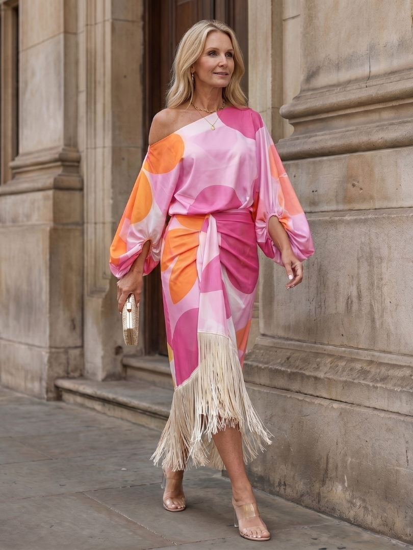 Koda | Robe Midi à Imprimé Abstrait avec Ourlet Frangé