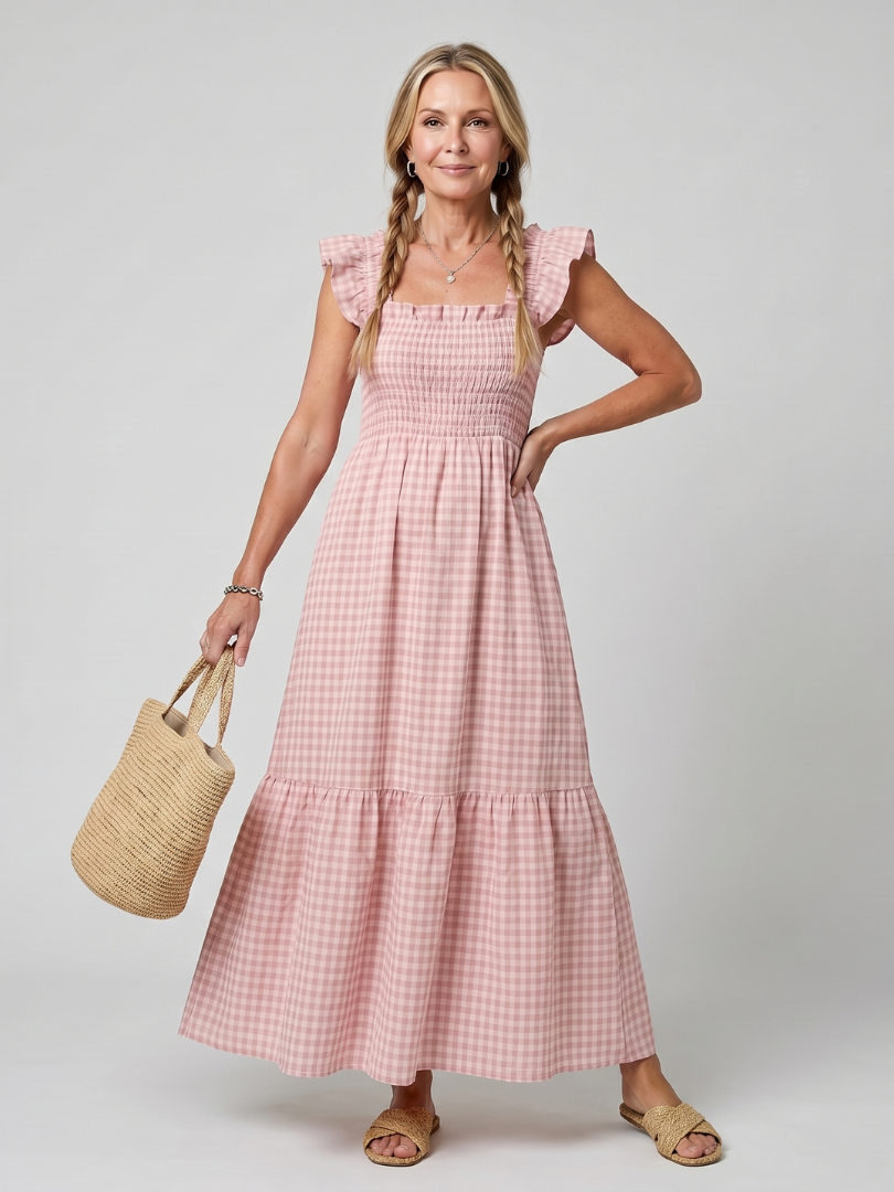 Verity | Robe midi à encolure carrée sans manches à motif vichy