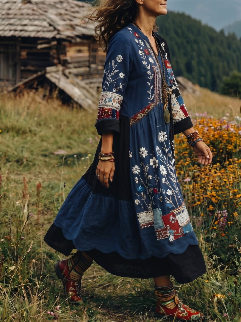 Alix | Robe midi à manches longues avec panneaux brodés