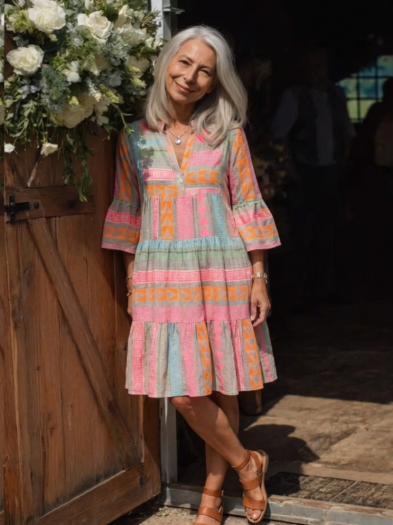 Maelle | Robe à manches tiered avec imprimé géométrique et décolleté en V