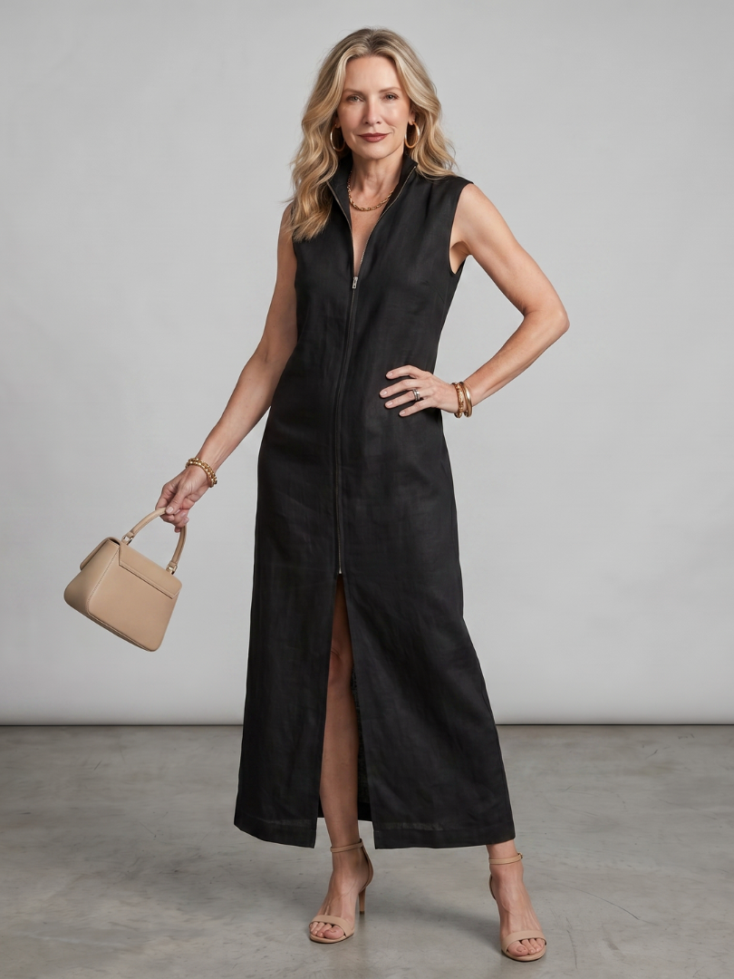 Olive | Robe Midi à Col Montant et Fente Avant