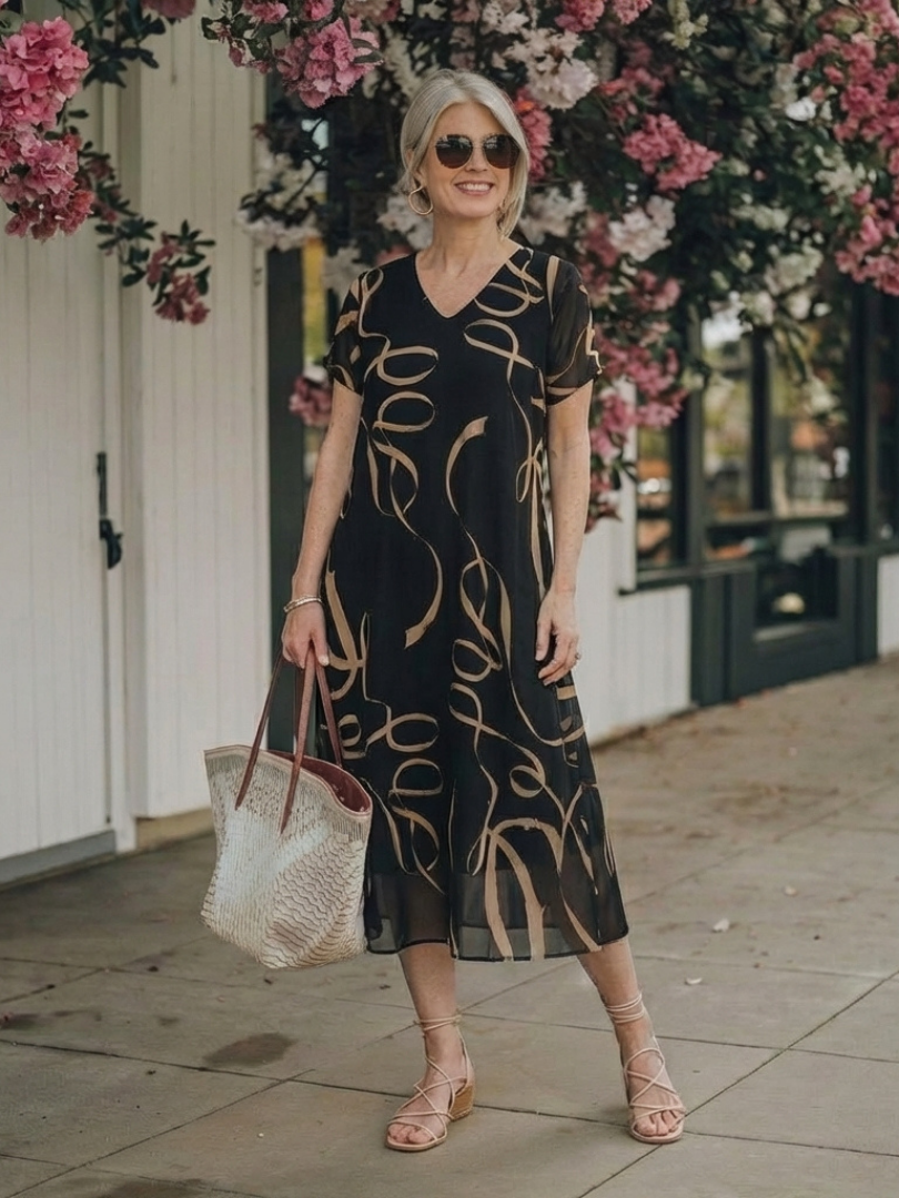 Adria | Robe Midi Abstraite à Manches Courtes