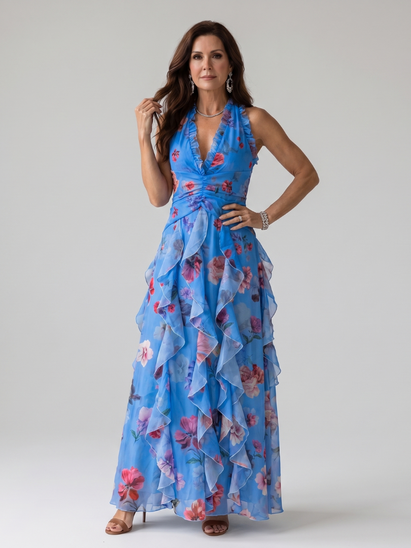 Nori | Robe Maxi à Encolure Halter et Corsage Froncé