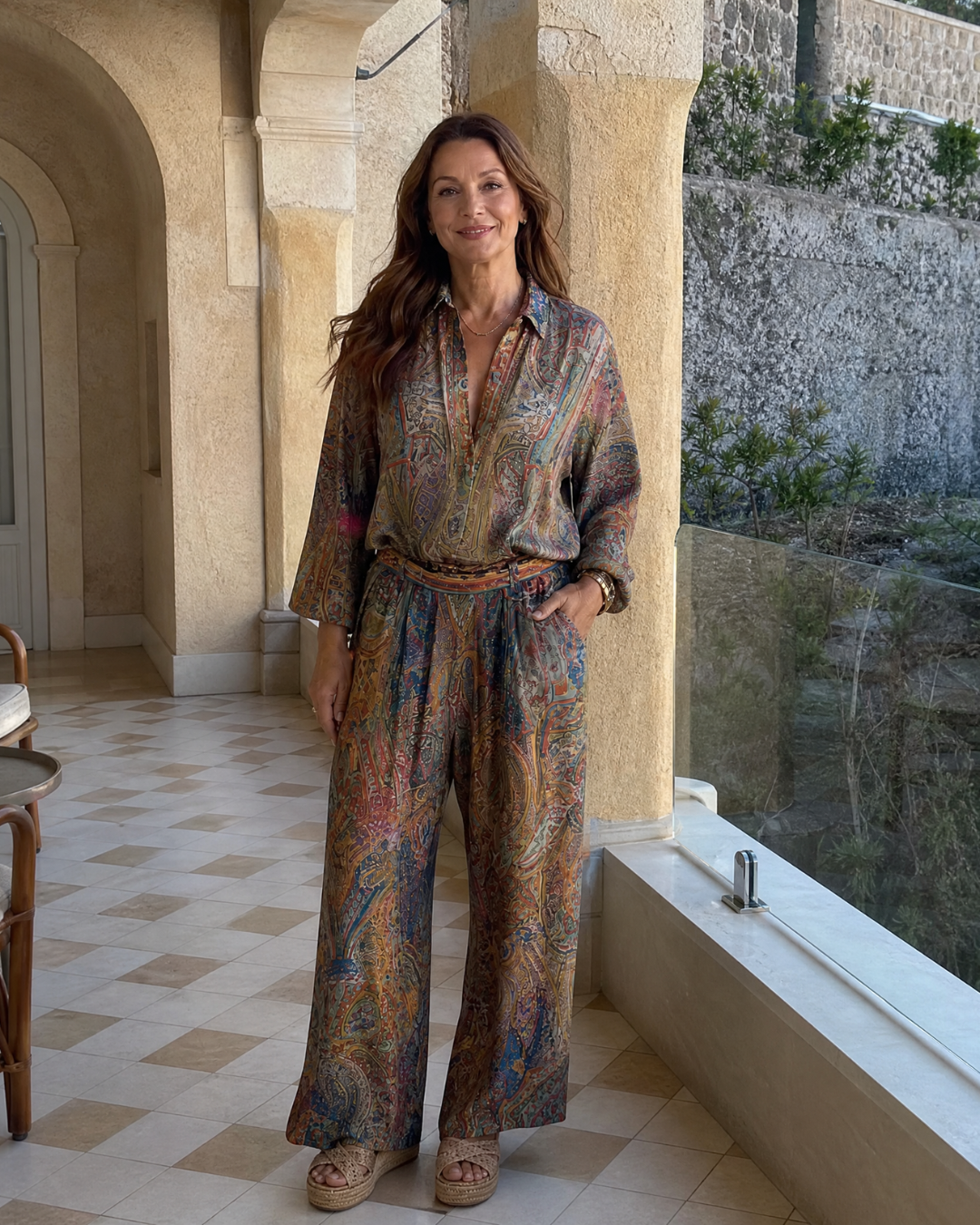 Virezza | Blouse à Imprimé Paisley Orné et Ensemble de Pantalons Amples