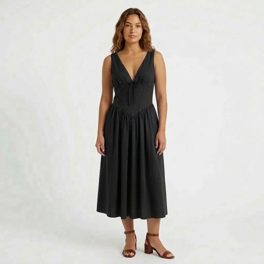 Robe Midi Femme Élégante Col V Taille Cintrée
