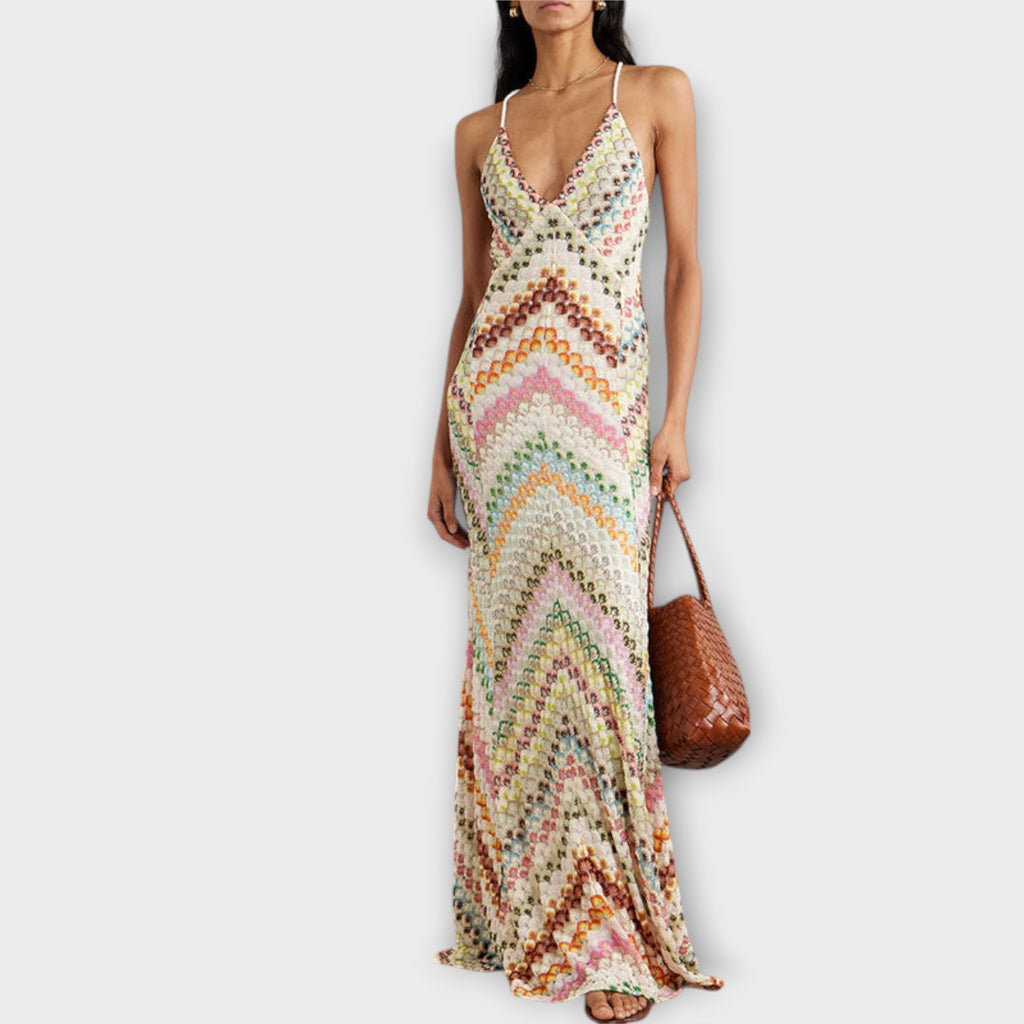 Robe Longue en Tricot avec Imprimé Zigzag et Décolleté en V Profond