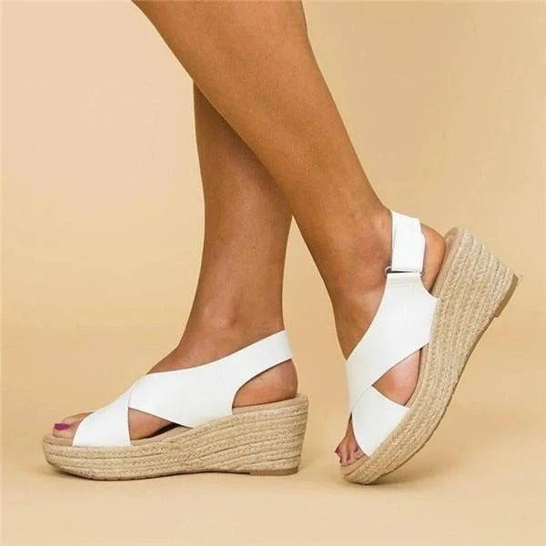 Sandales en Cuir à Talon Wedge Type Espadrille avec Bandes Croisées pour Femme