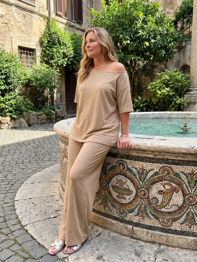 Elarim | Ensemble Top à Manches Courtes Off-Shoulder et Pantalon Large