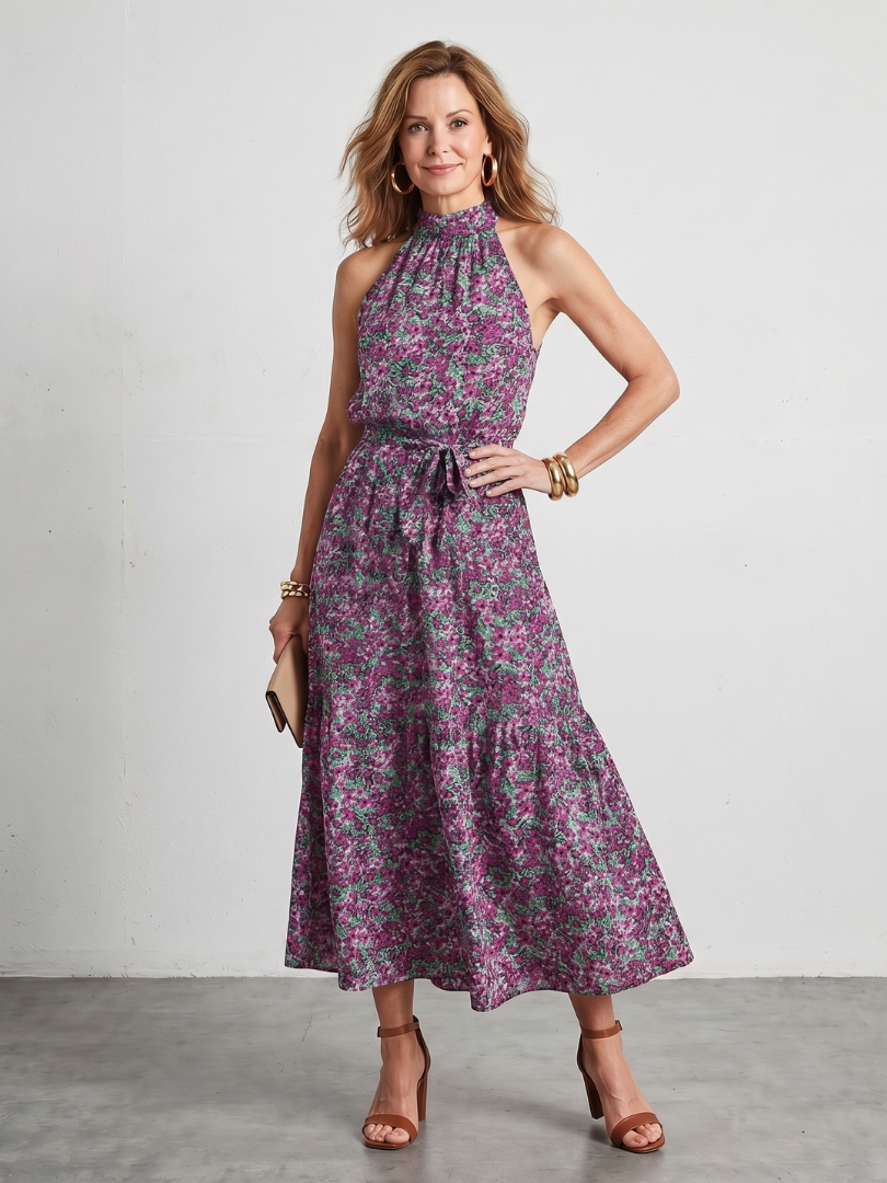 Anis | Robe Midi à Col Montant à Fleurs