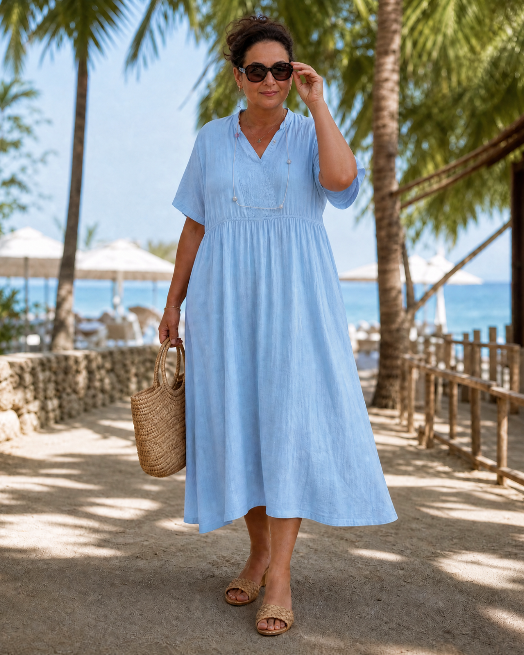 Eupherene | Robe midi décontractée à col en V et manches courtes texturée