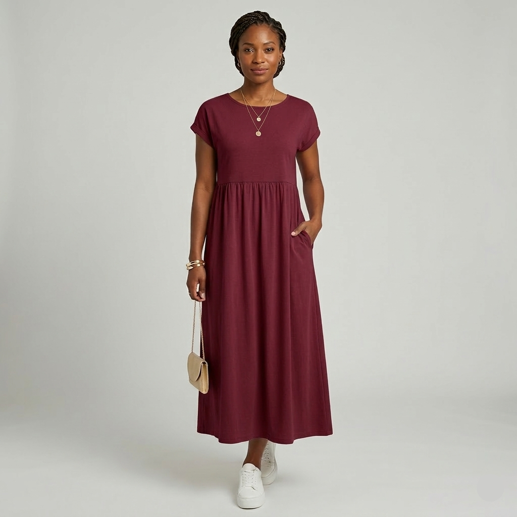 Robe Maxi Femme Élégante Manches Courtes Taille Haute Poches