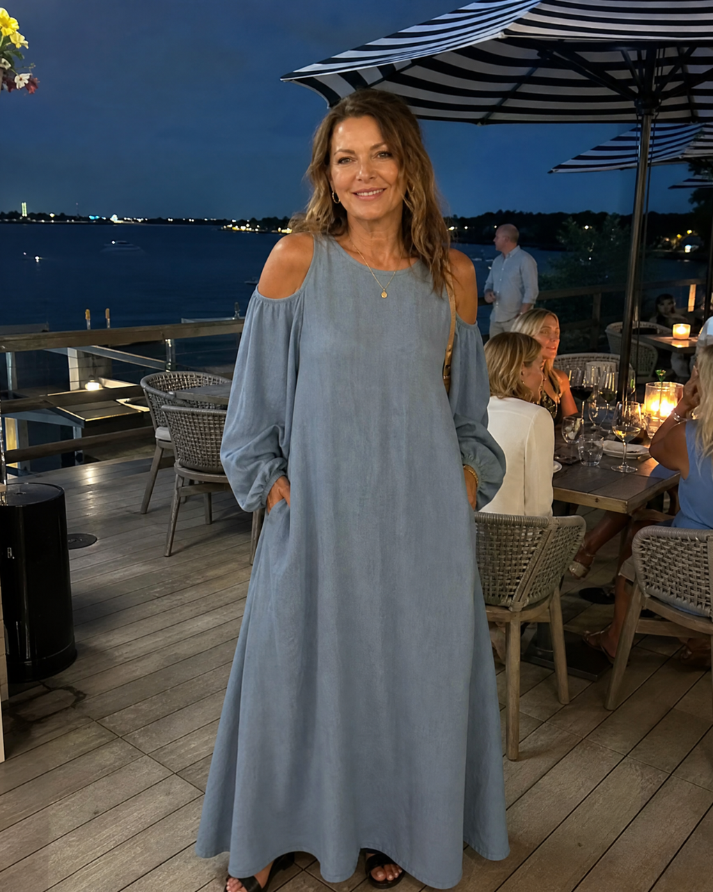 Sylphine | Robe Maxi Décontractée à Épaules Dénudées et Manches Bouffantes