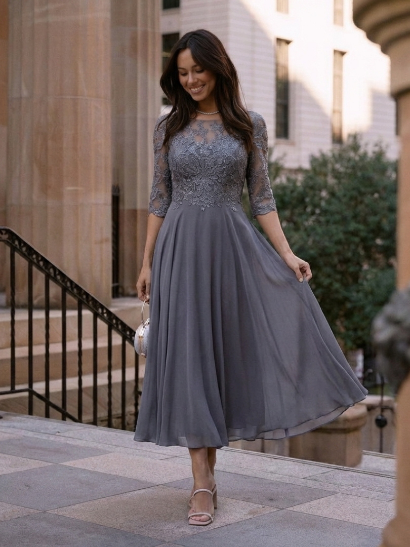 Olivine | Robe Midi à Corsage en Dentelle et Manches Transparentes