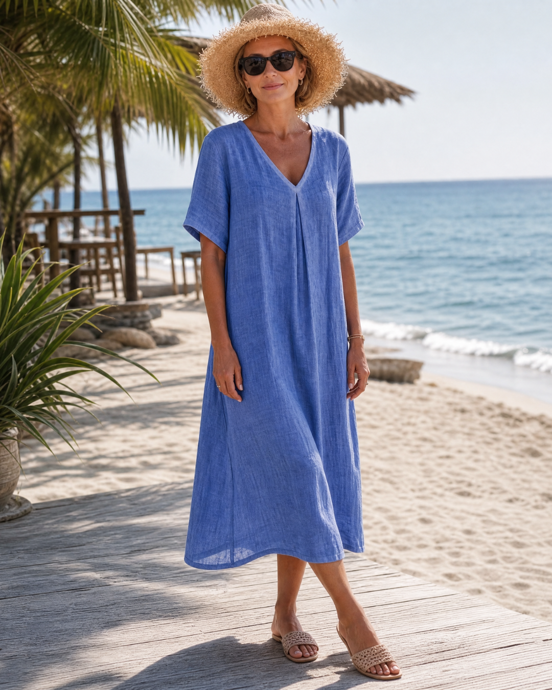 Thamal | Robe Midi Relaxed en Mélange de Coton Lavé à Col V