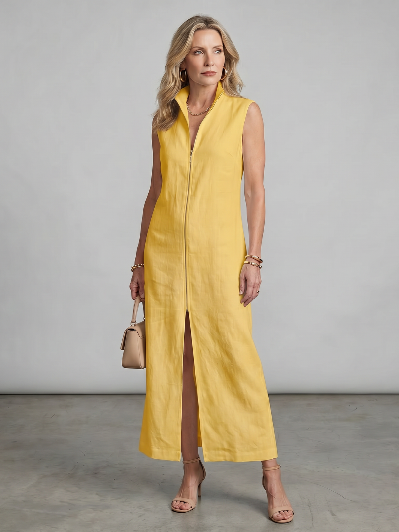 Olive | Robe Midi à Col Montant et Fente Avant