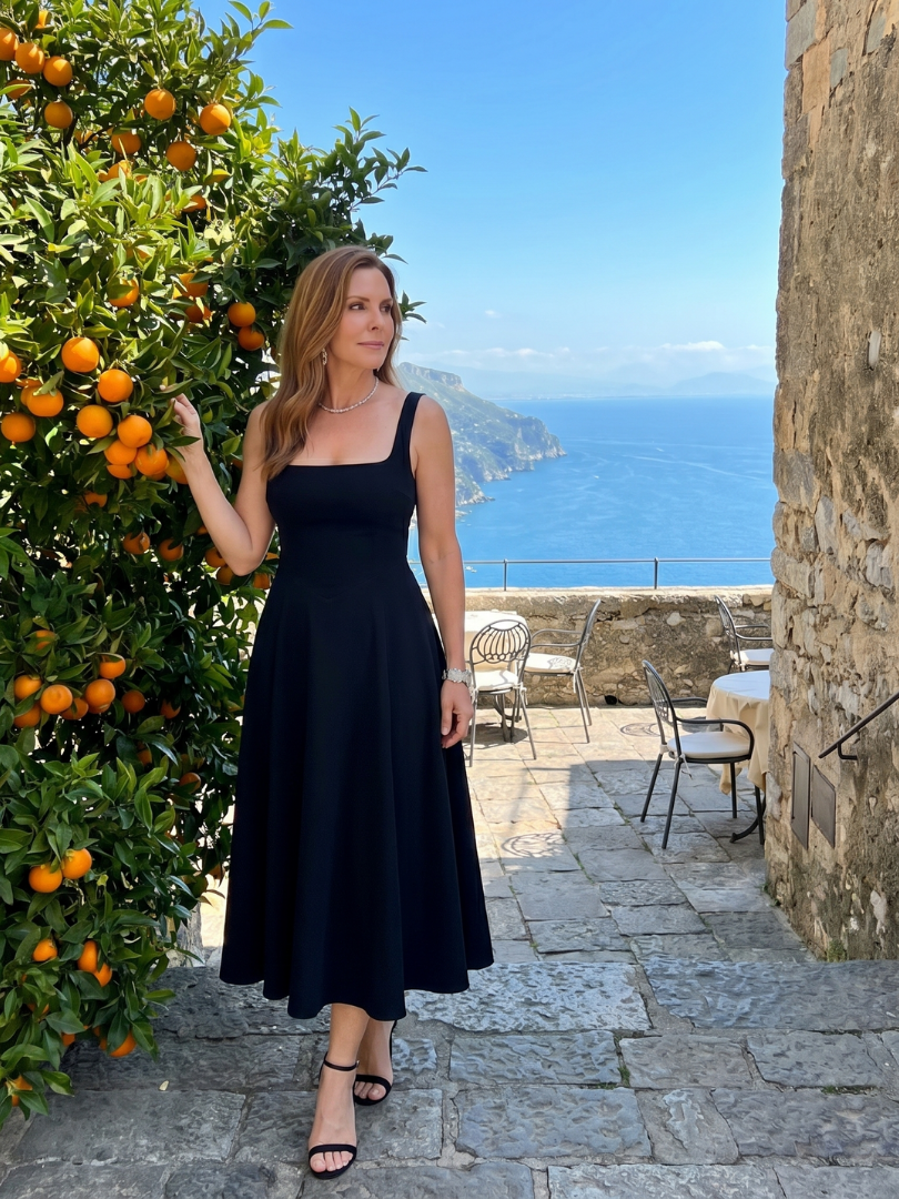 Pallas | Robe midi sans manches à encolure carrée et jupe évasée