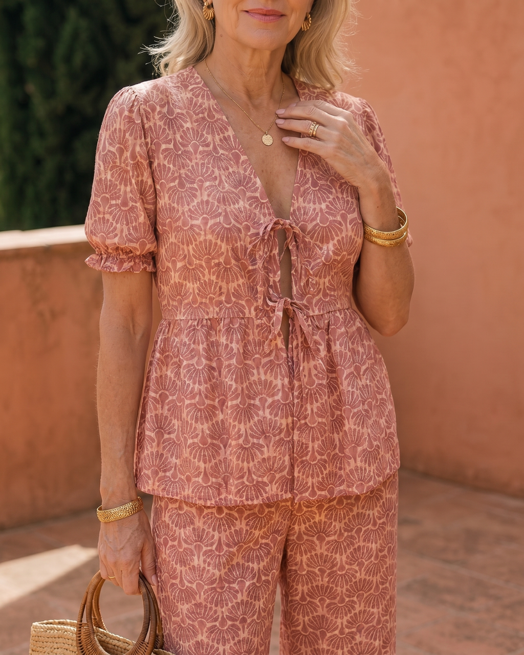 Somar | Ensemble Haut à Manches Bouffantes Imprimé Floral et Pantalon Droit