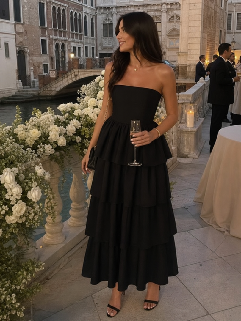Gemma | Robe Midi à Corsage Froncé Sans Bretelles
