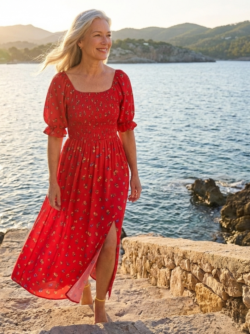 Delphine | Robe Midi à Encolure Carrée et Manches Bouffantes Florales