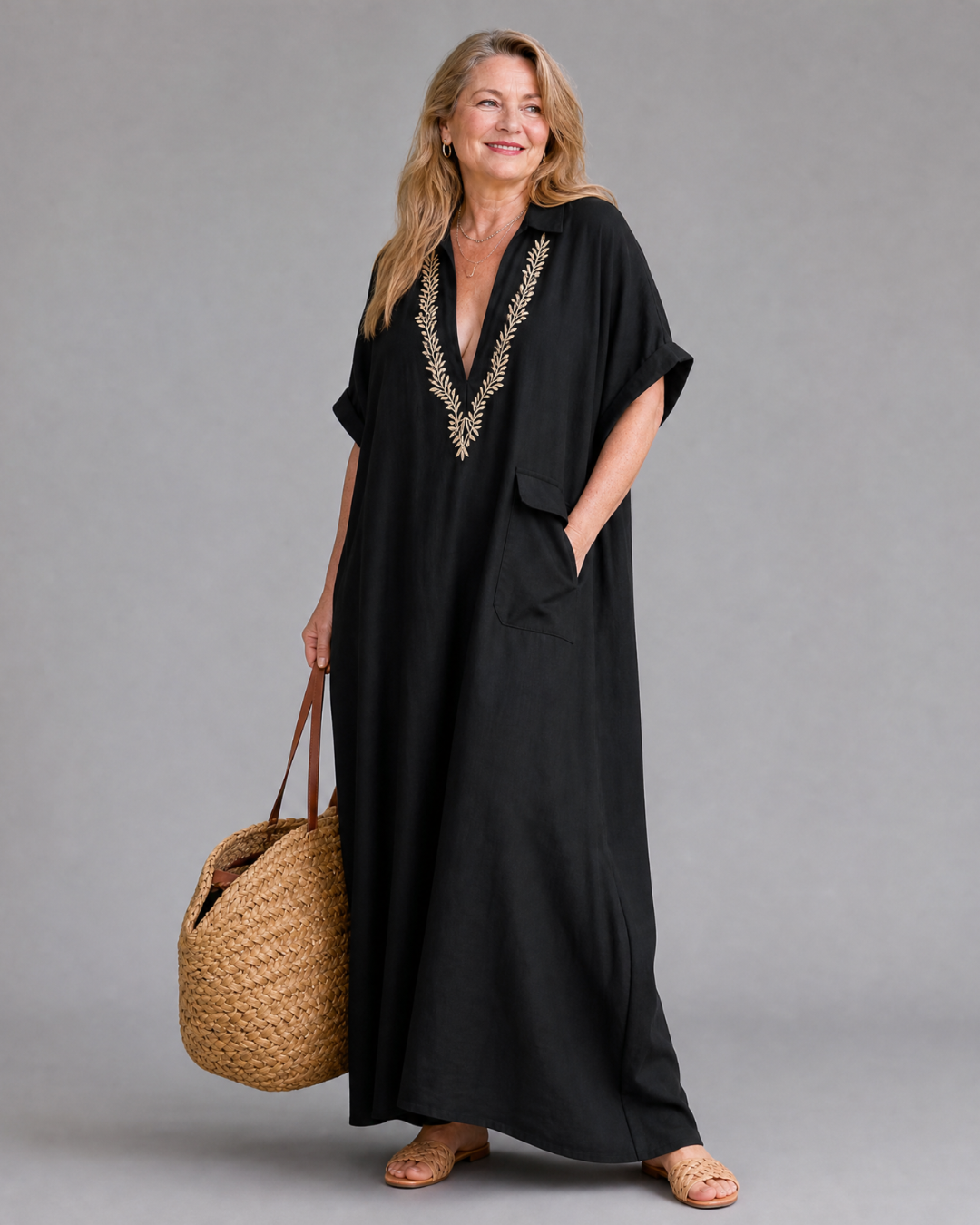 Elakeja | Robe midi décontractée à col en V brodé et détail de poche