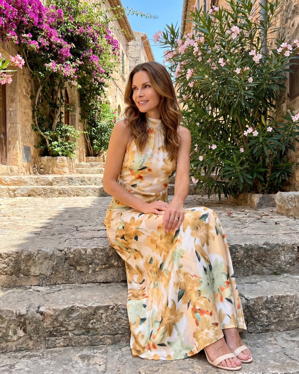 Cekel | Robe Midi Flottante à Encolure Halter Imprimé Botanique