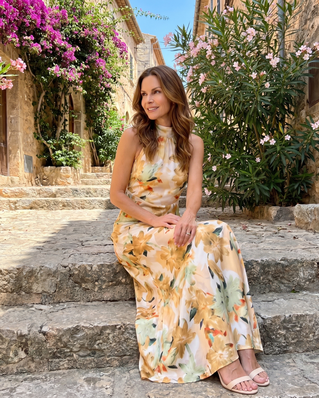 Cekel | Robe Midi Flottante à Encolure Halter Imprimé Botanique