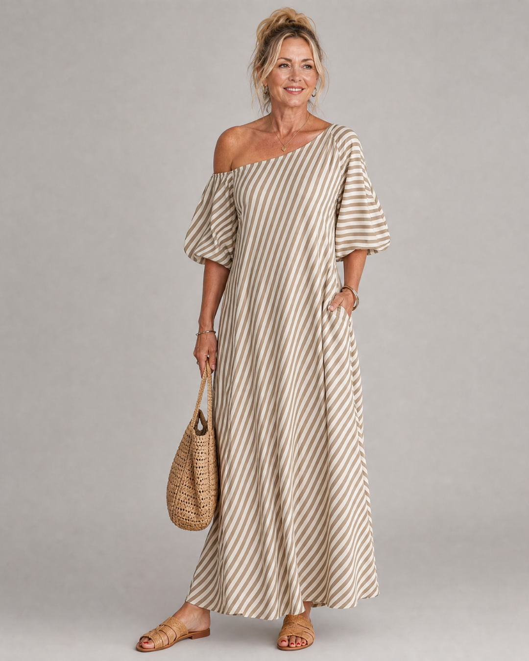 Zamrina | Robe Midi à Manches Bouffantes Rayée Décolleté Bardot