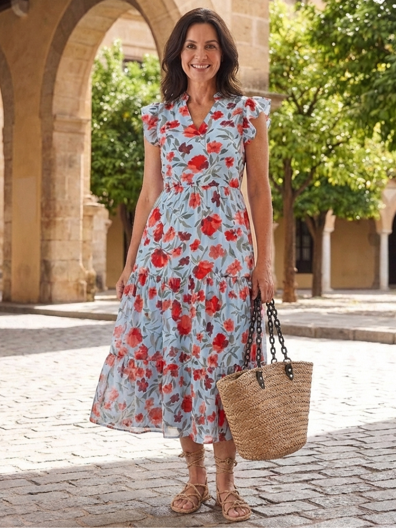Lila | Robe midi à volants à imprimé floral
