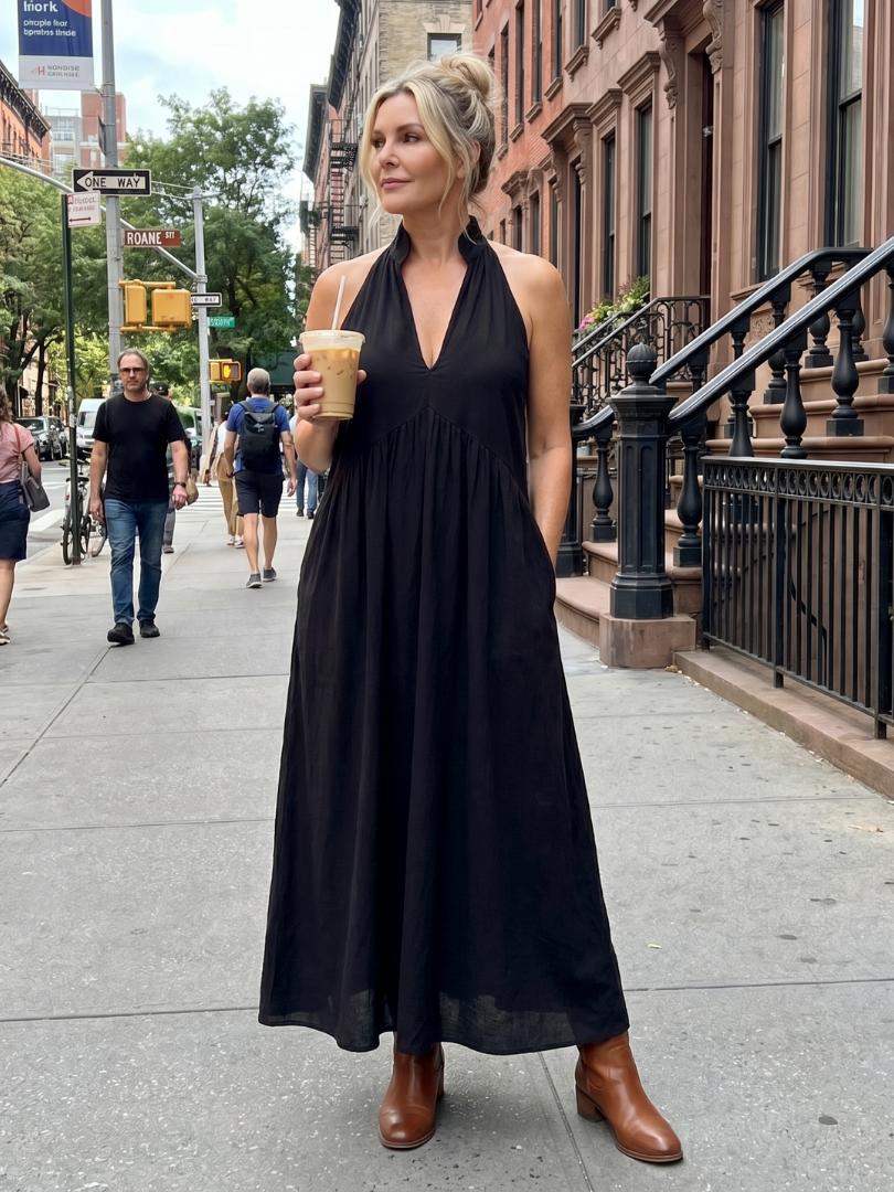 Adelina | Robe Midi Silhouette Fluide à Col Halter