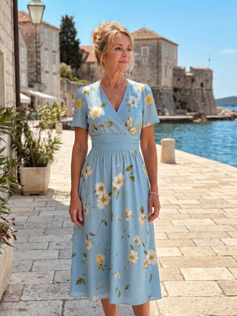 Marion | Robe Midi à Manches Courtes en Imprimé Floral