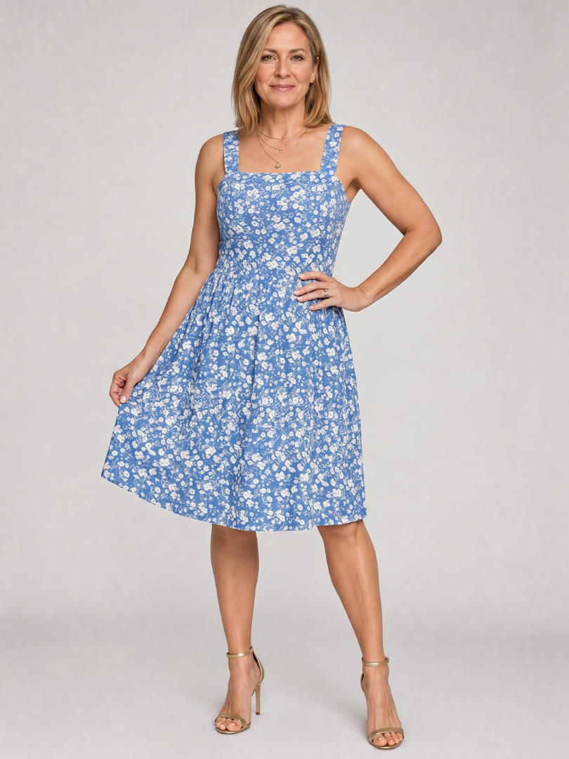 Leneva | Robe à encolure carrée avec imprimé floral, longueur genou