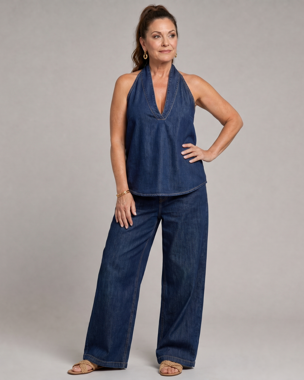 Zorelle | Ensemble Top en Jean à Col Halter et Pantalon Large