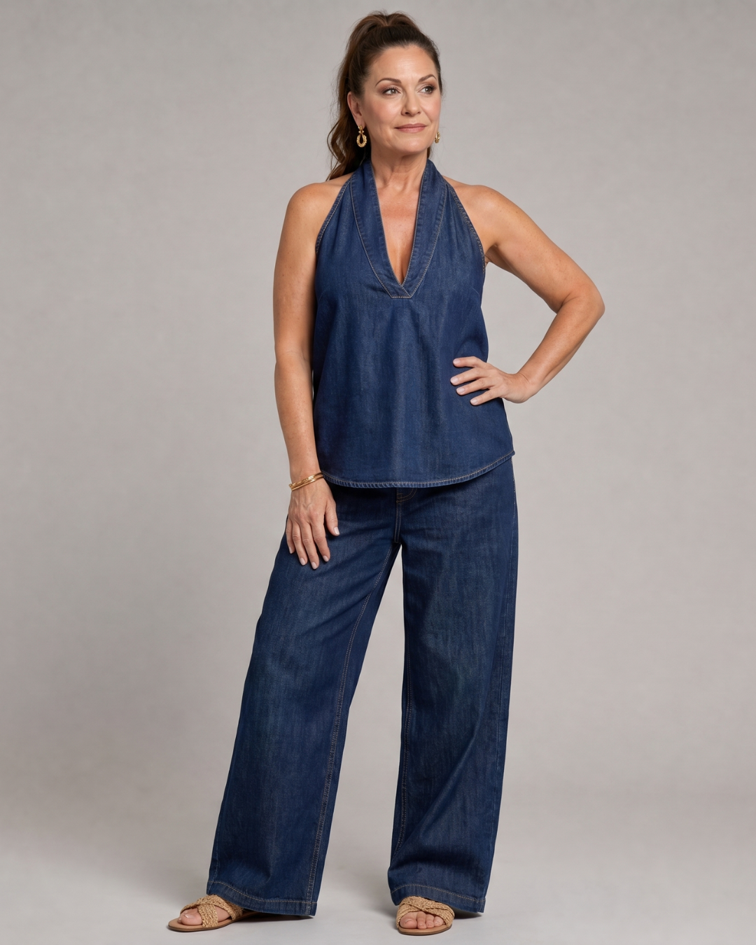 Zorelle | Ensemble Top en Jean à Col Halter et Pantalon Large
