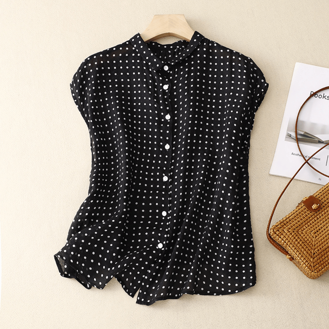 Chemise en Coton et Lin à Manches Courtes avec Imprimé à Pois pour Femme