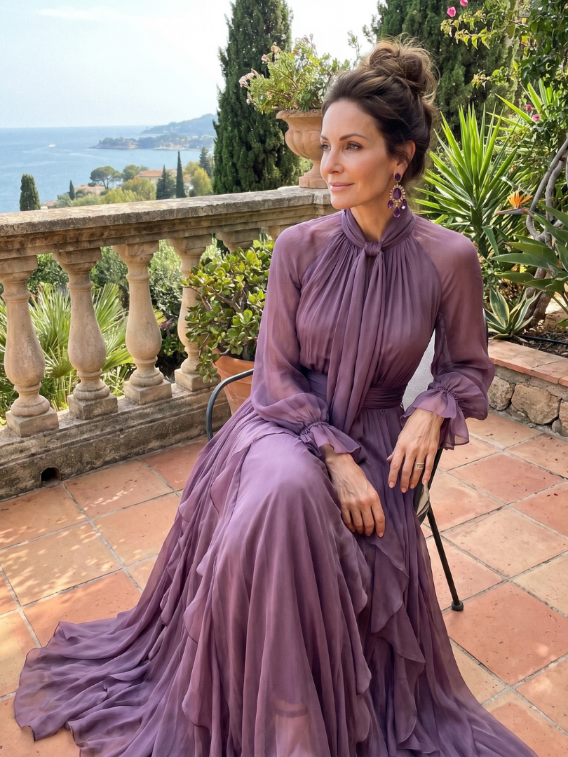 Demetria | Robe Maxi à Volants avec Nœud au Cou