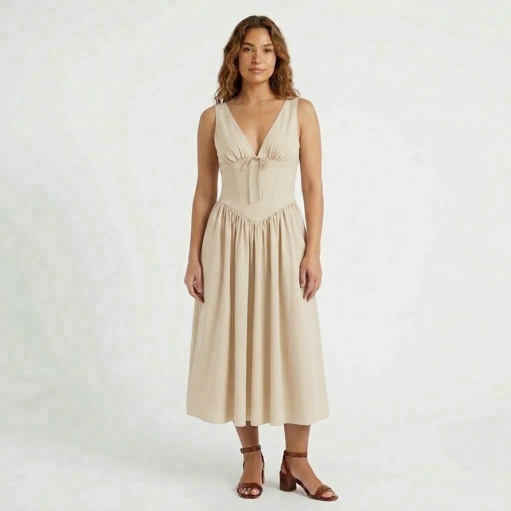 Robe Midi Femme Élégante Col V Taille Cintrée
