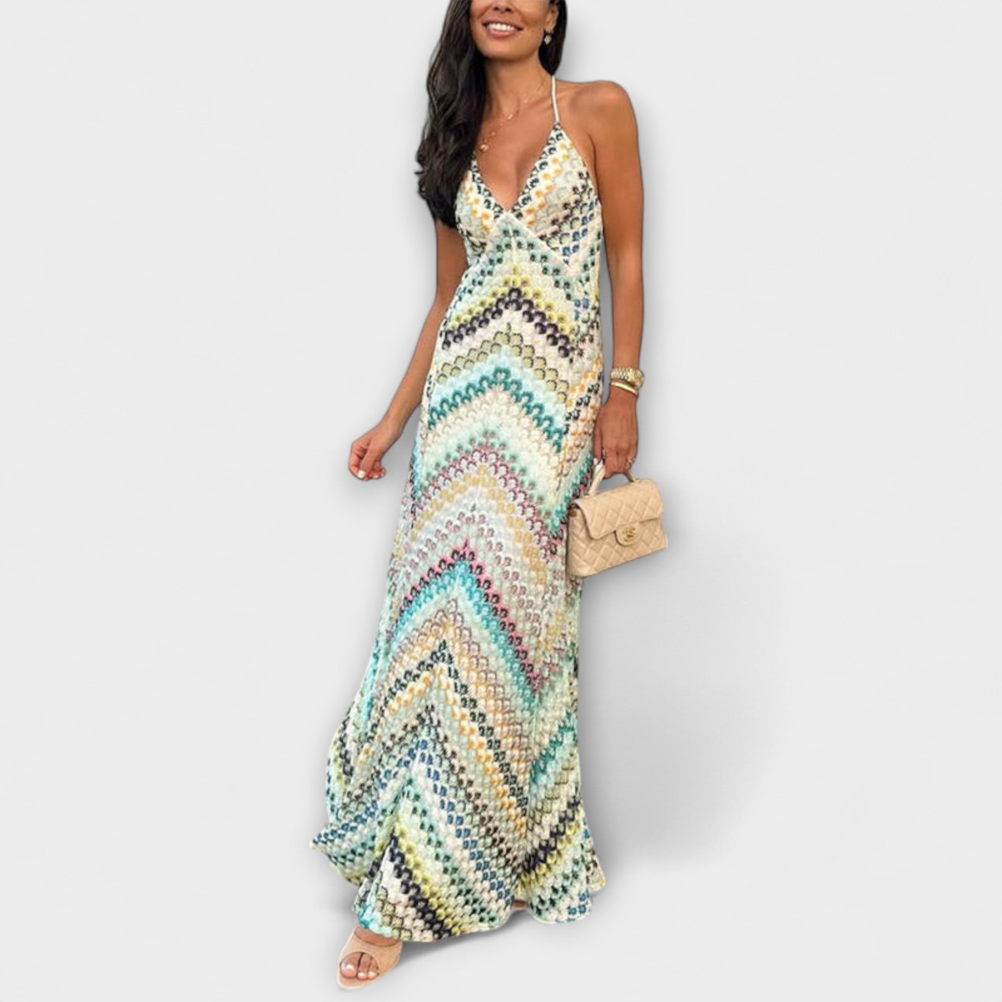 Robe Longue en Tricot avec Imprimé Zigzag et Décolleté en V Profond