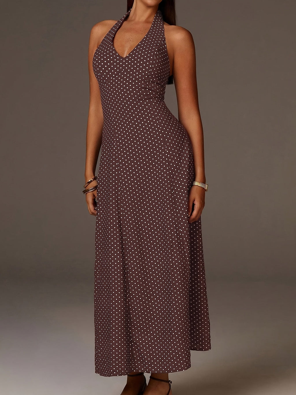 Robe Maxi à Pois avec Col Halter et Décolleté en V Profond pour Femme