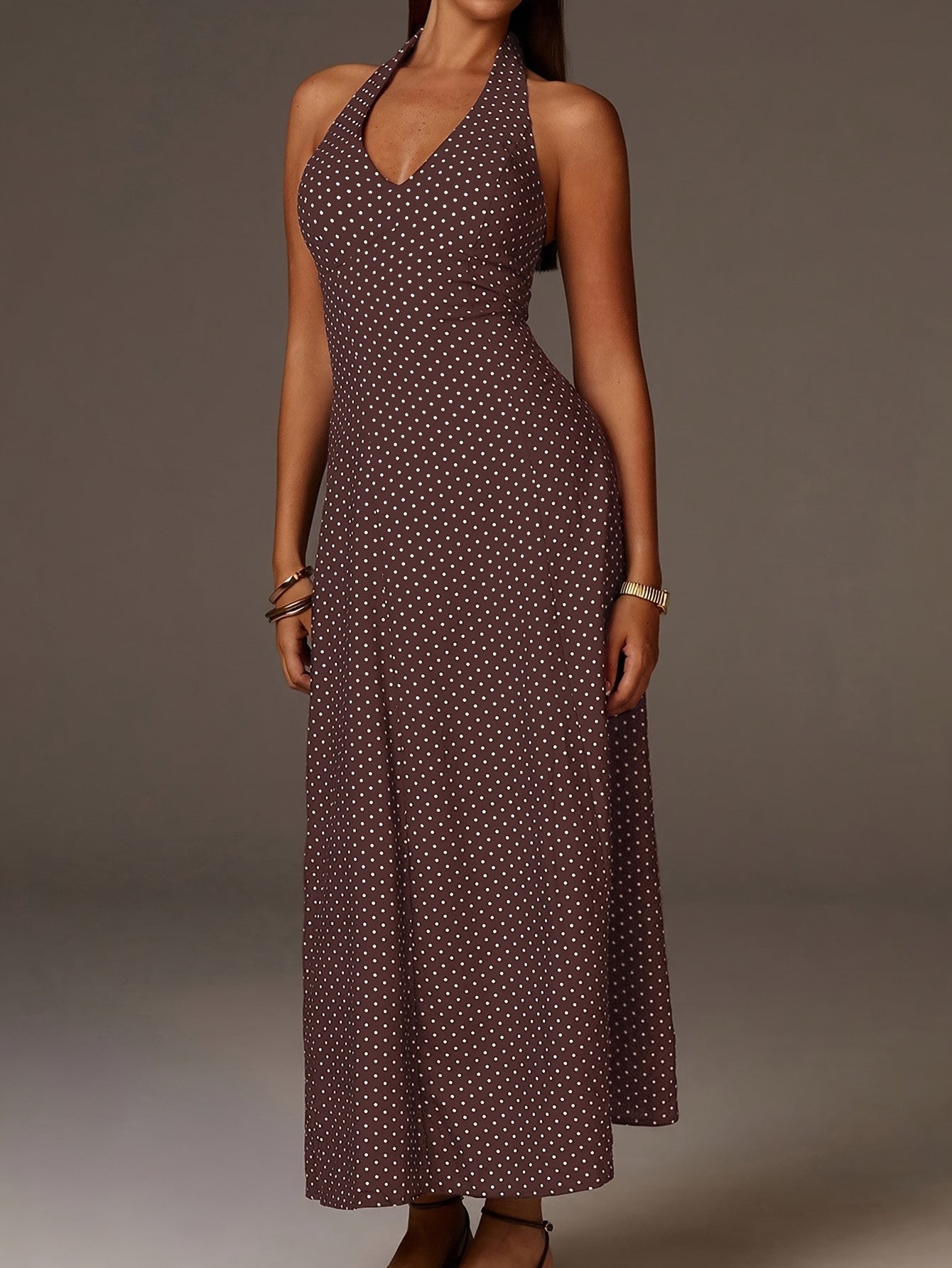 Robe Maxi à Pois avec Col Halter et Décolleté en V Profond pour Femme