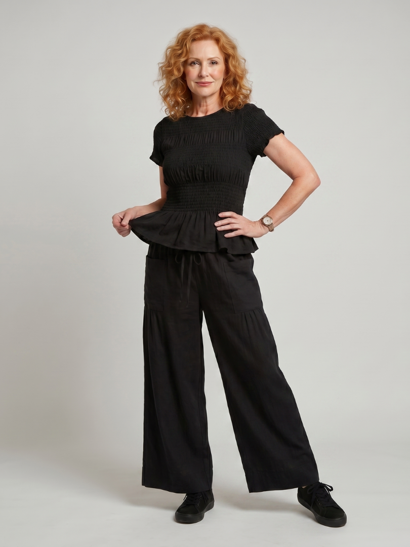 Eirenne | Haut Smocké Détail Peplum Et Ensemble Pantalon Large