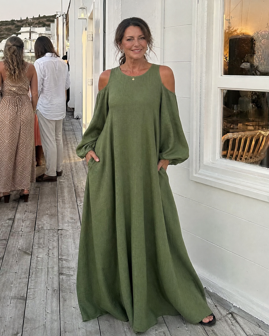 Sylphine | Robe Maxi Décontractée à Épaules Dénudées et Manches Bouffantes