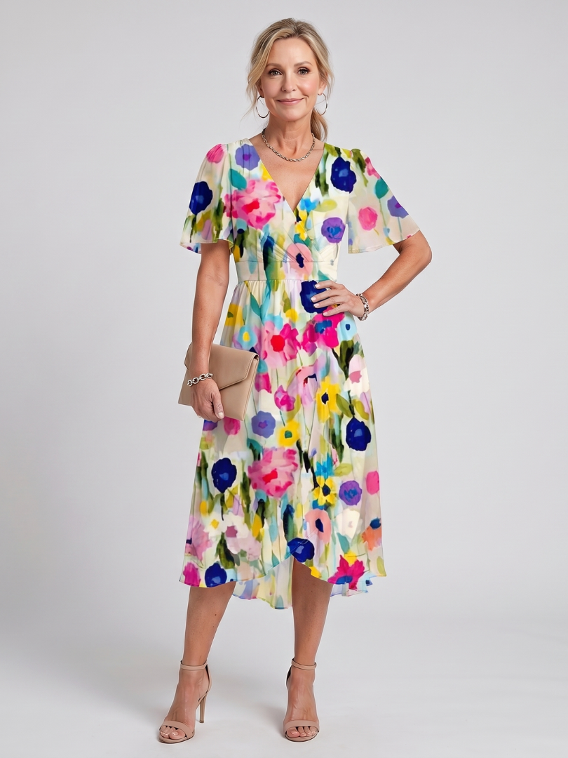 Mirabel | Robe midi à manches volantées et taille froncée à imprimé floral
