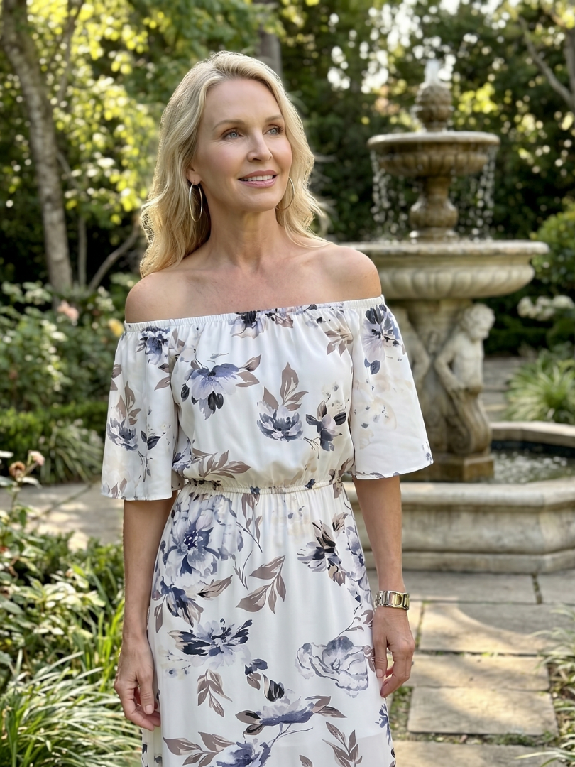 Elowira | Robe midi à imprimé floral doux et épaules dénudées