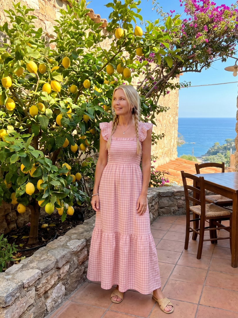 Verity | Robe midi sans manches à encolure carrée et motif vichy