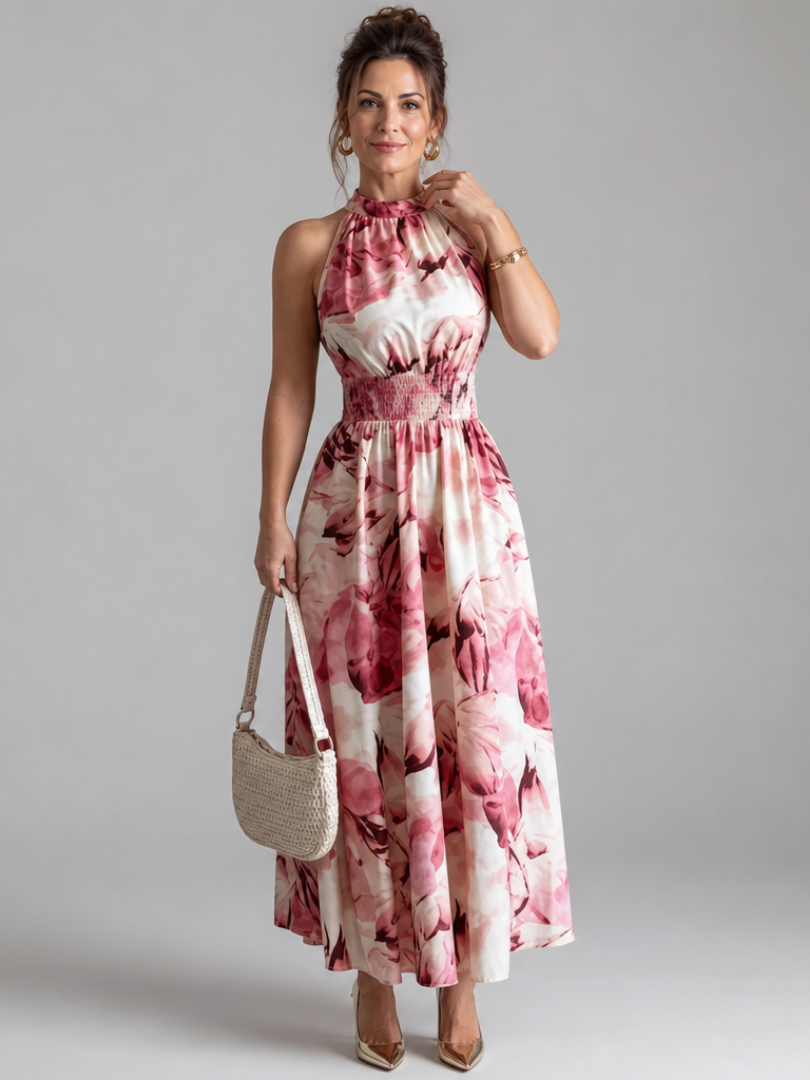 Olivia | Robe Midi à Taille Rassemblée Imprimé Abstrait