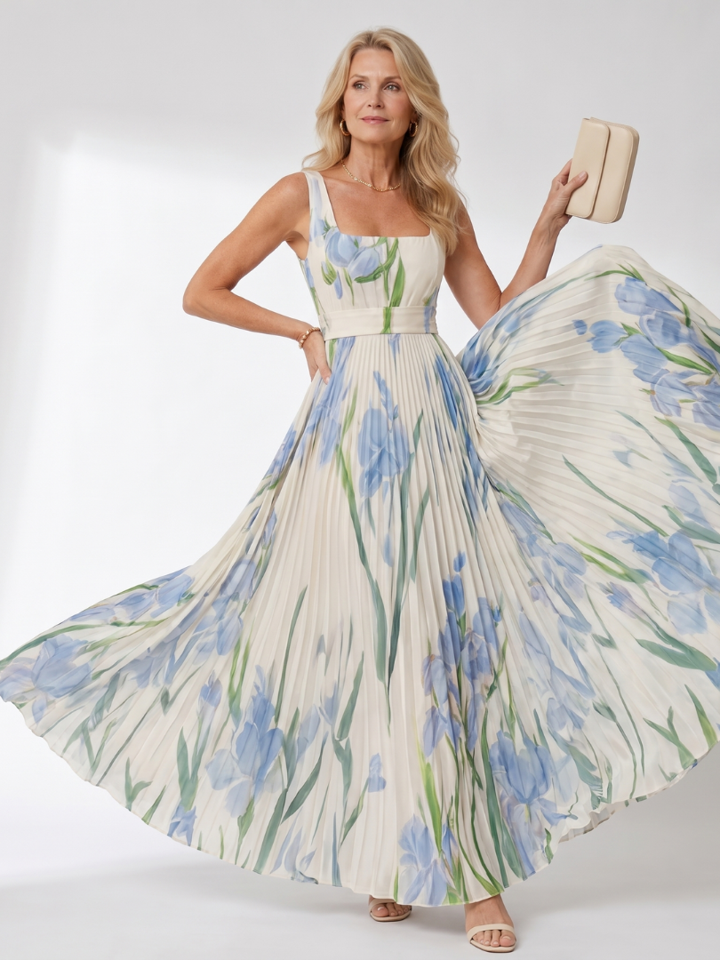 Vimele | Robe Midi Sans Manches à Encolure Carrée Plissée