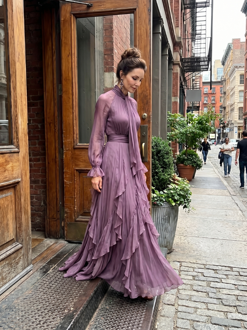Demetria | Robe Maxi à Volants avec Nœud au Cou